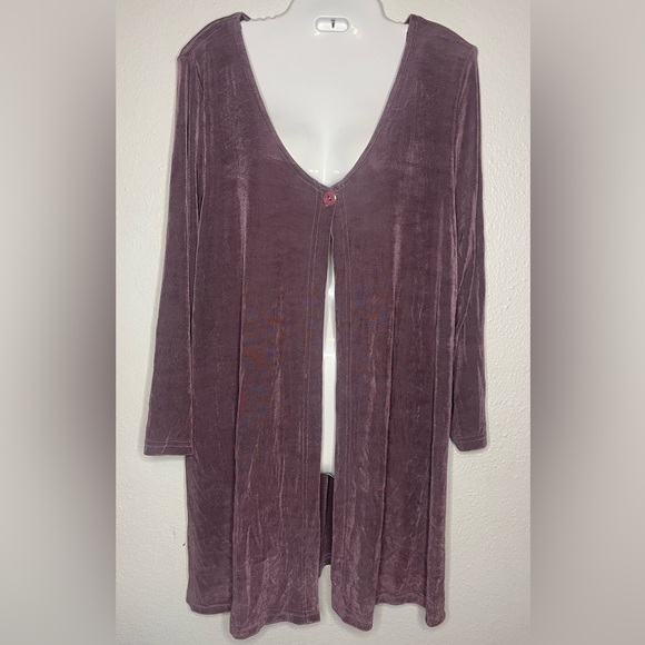 amanda paris london newyork Sweaters - Vintage 90s Amanda Velvet Duster Cardigan w/ Shoulder Pads Plum Purple | XL